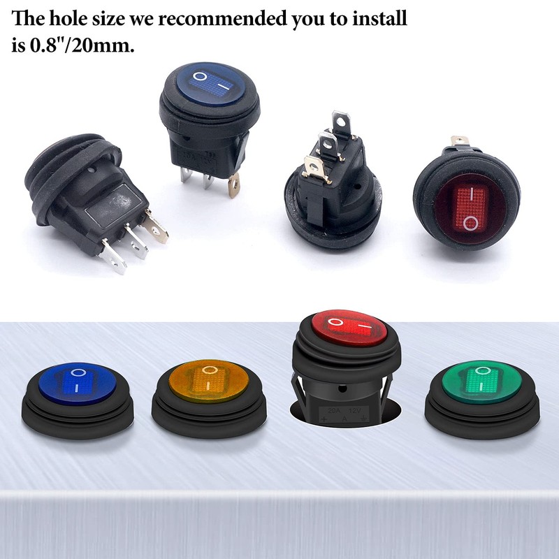 Taiss/4Pcs Rocker Toggle Switch Waterproof Round 12V 20A 4 Colours