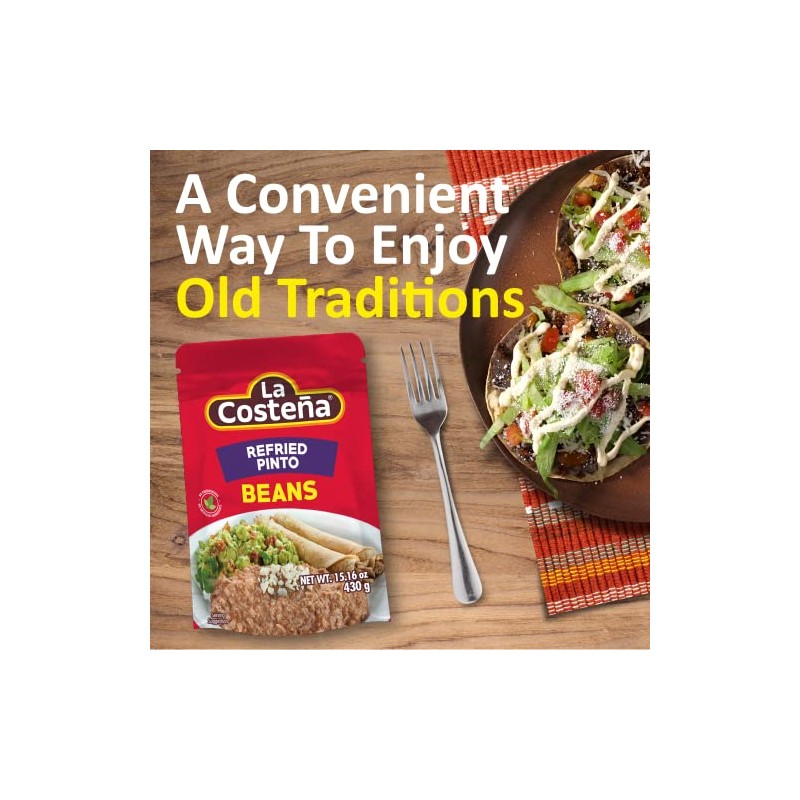 La Costeña Refried Pinto Beans, 15.16 Oz Microwaveable Pouch (Pack