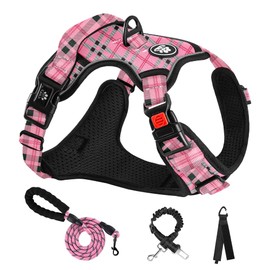 NESTROAD No Pull Dog Harness with Leash, Reflective No Choke Pet Vest Harness,Adjustable Soft Padded Dog Harness with Easy Control Handle for Large Dogs(Checkered Pink,Large)