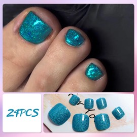 Ceboic 24 Stück Fussnägel zum Kleben, Glitzer Blau Künstliche Zehennägel Zum Aufkleben, Französisch Square Kurze Falsche Fußnägel, Full Cover Acryl Künstlich Fußnägel Tips für Frauen und Mädchen