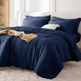 MUXHOMO 7 Pieces Full Comforter Set, Seersucker Bed in a Bag Full Size, All Season Luxury Bedding Set with Comforter, Flat Sheet, Fitted Sheet, Pillowcases & Shams, Navy Blue