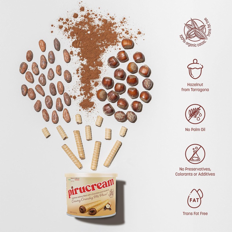 Pirucream Cream Filled Rolled Wafer. Chocolate and Hazelnut Filling. Premium