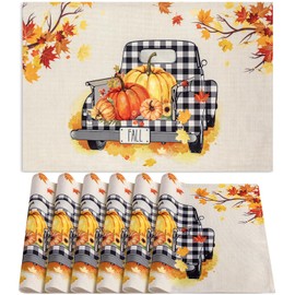 BIPASION Fall Placemats, Thanksgiving Pumpkins Truck Placemats for Dining Table Set of 6, Washable Autumn Table Place Mats, Pumpkin Kitchen Table Mats for Indoors & Outdoors