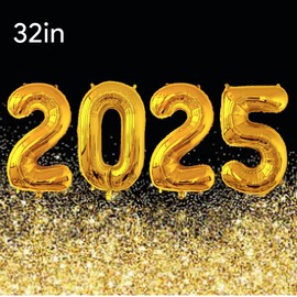 32-Inch 2025 Foil Number Balloons – Gold Aluminum Foil Balloons for New Year’s Eve & Graduation Party Decorations – Includes Inflation Straw – Reusable & Shiny PET Material