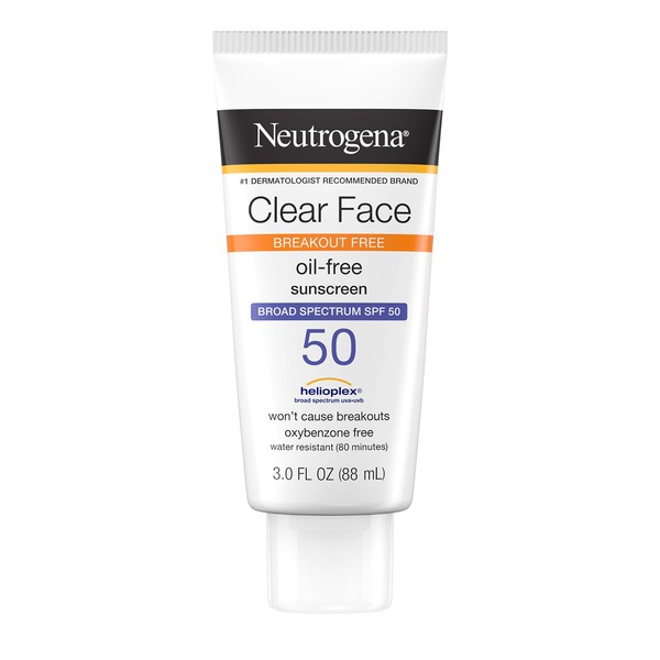 Neutrogena Clear Face Liquid Lotion Sunscreen for Acne-Prone Skin, Broad Spectrum SPF 50 UVA/UVB Protection, Oil-, Fragrance- & Oxybenzone-Free Facial Sunscreen, Non-Comedogenic, 3 fl. oz (Pack of 3)