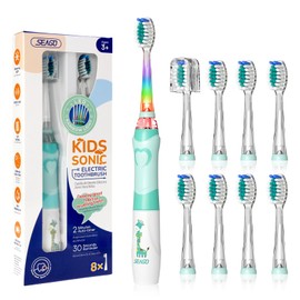 SEAGO Kids Toothbrush, Electric Sonic Replaceable Tooth Brush with Smart Timer, Soft Battery Powered, Ideal for a Deep Clean, Waterproof Travel Toothbrushes for Kids of Age 3+, 977 (Green)