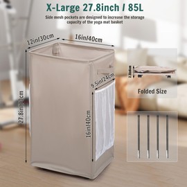 Wymulot Yoga Mat Storage Racks, Home Gym Storage Rack with Wheels, Yoga Mat Holder Side 2 Mesh Pockets, Yoga Basket Holds 4 Yoga Mats, 2 Foam Rollers, 6 Resistance Bands (Khaki)