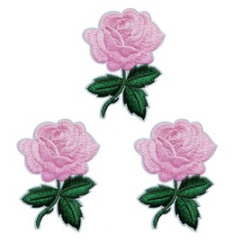 KLORIZ 3-Pack Pink Rose Embroidered Iron On Patch Flower Clothing Fabric Accessories Applique Mother's Day DIY Gift