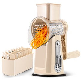 SUSTEAS Rotary Cheese Grater with Handle - Vegetable Shredder with 5 Well-designed Blades & Strong Suction Base,Round Mandoline Slicer & Food Chopper for Kitchen,with Blade Storage Box(Beige)