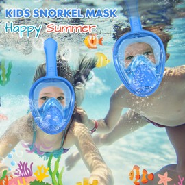 Kids Snorkel Mask Full Face, Snorkeling Gear for Kids 2-14 with Camera Mount, 180 Degree Panoramic View Snorkeling Set Anti-Fog Anti-Leak (Blue+Black)