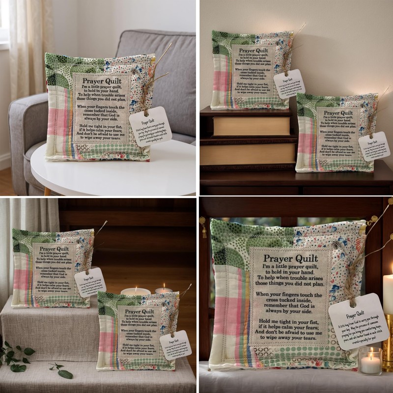BetLight 2PCS Mini Prayer Quilt with Cross Inside, Inspirational Patchwork