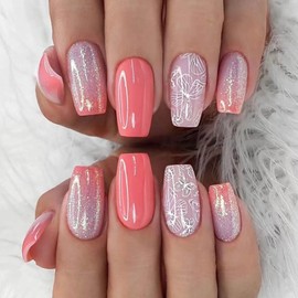 Red Press on Nails Coffin Fake Nails with Butterfly Designs Short Glue on Nails Glitter Nails Press ons Ombre Acrylic Nails Spring False Nails Glossy Stick on Nails for Women 24Pcs