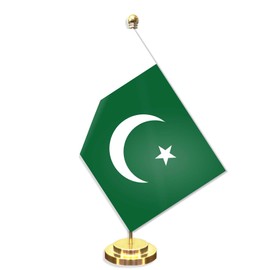 Pakistan Desk Small Flag Set,5×8 Inch Pakistani Mini Desktop table Banner,12" Metal Solid Pole Decor,Tiny Digital Printed Polyester Banner With Golden Base