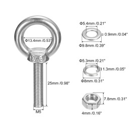 sourcing map Lifting Eye Bolt, 2 Sets M5x25mm Eye Bolt with Nut Washer 304 Stainless Steel Shoulder Lifting Ring Eye Bolt for Hanging Item
