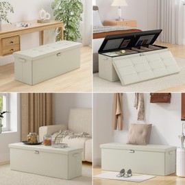 ENGPOW Storage Ottoman,Fireproof Folding Storage Bench with Lock(15”x 43”x15”),Waterproof Leather Storage Bench Chest with Handles＆2 Extra Storage Boxes,Storage Safe for Living Room,Bedroom,Beige