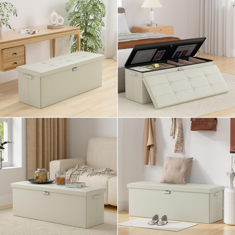 ENGPOW Storage Ottoman,Fireproof Folding Storage Bench with Lock(15”x 43”x15”),Waterproof Leather