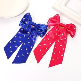Boderier 2Pack Hair Bows for Women Crystal Satin Hair Bows Hair Clip 10 Inches Long Tail Ribbon Bow Barrette Hair Clip Hair Accessories for Women Hot Pink Blue