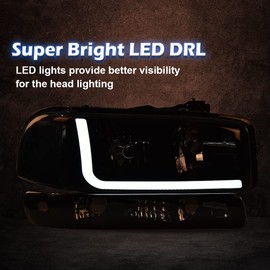 G-PLUS LED Headlights Assembly Compatible with 1999-2007 GMC Sierra 1500HD 2500HD 3500/Fit 1999-2006 GMC Yukon XL 1500 2500,DRL Headlamps Pair Smoky Lens Black Housing Clear Reflector,faros delanteros