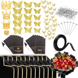 Tetutor 180pcs Waterproof Flower Wrapping Paper Kit, 20 Sheets Floral Wrapping Paper Bouquet With Ribbons Flower Pins 3d Butterflies and Crowns for Florist Wrap Back
