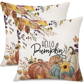Coeufuedy Fall Throw Pillow Covers 18 x 18 Inch Set of 2 Pumpkins Leaves Flower Autumn Thanksgiving Harvest Decorative Cushion Case for Sofa Couch Bed