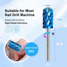 Cnynail 3/32" Large Barrel Smooth Round Top Tungsten Carbide Nail Drill Bit Safety Bit for Gel & Acrylic Removal, Right Way Rotating Efile Tip, Salon Electric File Accessory (5XC Grit, Blue)