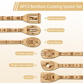 GLOBLELAND Set of 6 Bamboo Cooking Utensils in Castle Design Knight Cooking Spoon Set Made of Wood with Engraving Floral Pattern Carving Kitchen Spatula Set Made of Bamboo Wooden Cooking Spoon for the