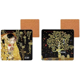 CARMANI CR-022-4020 Mug Coasters With Gustav Klimt Paintings 3.93 x 3.93 in, “The Kiss” + “The Tree Of Life”, Set Of 2, Non-Slip Cork Base