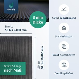 diconfa Fine-Grooved Rubber Mat 3 mm Thick - Width 0.1 m to 2 m - Length 0.05 m to 10 m - Selection 1 m x 0.2 m (1000 mm x 200 mm) - Fine Grooves Rubber Non-Slip Grooved Mat Sold by the Metre Non-Slip