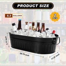 5.3Gallons Galvanized Beverage Tub Galvanized Bucket Metal Ice and Drink Bucket with Handles Galvanized Tub for Parties Farmhouse Home Pool Bar(Black, 2 Pcs)