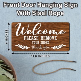 Brown Front Door Welcome Hanging Sign With Sisal Rope, Please Remove Your Shoes, Rustic Farmhouse Decorations, Indoor Outdoor Home Porch Wall Decor, Housewarming Gift (11.8 x 5.9 Inches) - B05