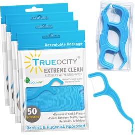 Trueocity Dental Flossers Brush Picks 4 Pack w/Travel Case (200 Total Count), Dental Floss Glides Easy, Flosser Helps Prevent Tooth Decay & Gum Disease, Easy Grip, Flossers for Adults, Mint Flavored