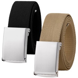 Canvas Web Belt Fully Adjustable Cut to Fit Golf Belt Flip Top Silver Buckle - Black & Beige (2 Pack)