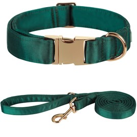 Lionet Paws Silk Dog Collar and Leash Set, Adjustable Comfortable Green Dog Collar with Metal Buckle for Small Medium Large Dog Boy Girl, Neck 13.5-22 Inches