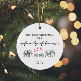 Our First Christmas as a Family of 4 Elephant 2024 Christmas Ornament Growing Family of Four Baby Shower Gift Mama Papa Baby New Parents Present Family Circle Ceramic with Gift Box (Family of 4)