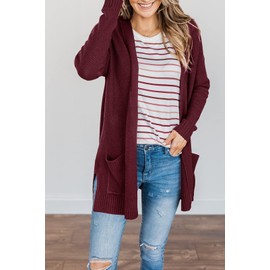 MEROKEETY Women's Soft Waffle Knit Cardigans Long Sleeve Open Front Loose Fall Sweater with Pockets,Wine,S