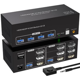 VPFET 4K144Hz 2 Displayport HDMI KVM Switch 2 Computers 3 Monitors 8K60Hz KVM Switches for 2 pc Share 3 Monitors with 4 USB 3.0 Ports Includes 2 USB 3.0 Cables and External line Control