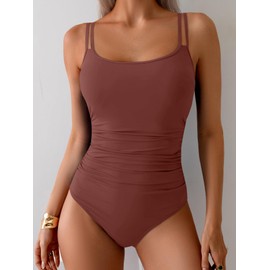 Eomenie One Piece Swimsuit for Women Tummy Control Ruched Bathing Suit Push Up Slimming Swim Suit Double Straps Swimwear Brown