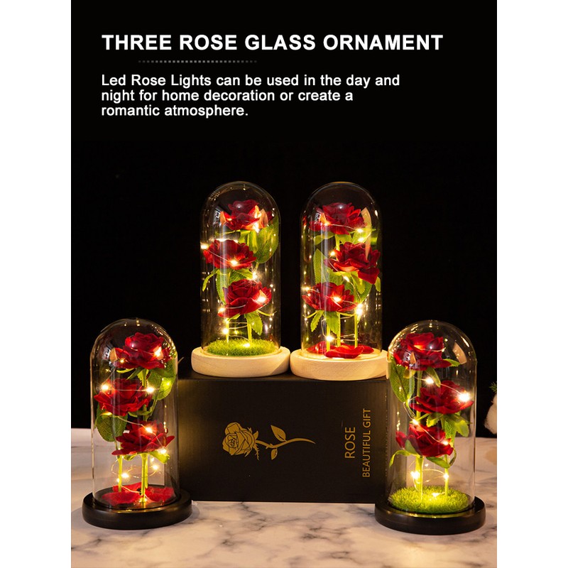 Glass Dome Rose Ornament LED Strip Light Blessing Romantic Glass