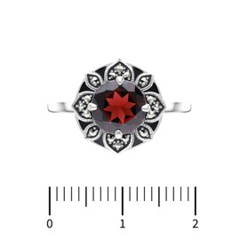 Esse Marcasite Sterling Silver Garnet Marcasite & Black Enamel Art Nouveau Ring (O)