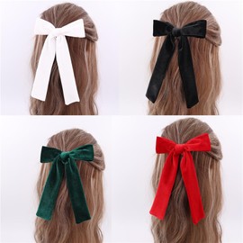 4 PCS Long Tail Velvet Bow Hair Clips for Girl Kids Baby Mom Ponytail Cheer Bows Alligator Clip Young Girls and Women Fall Winter Velvet Hair Accessories (Black/Green/Red/White)