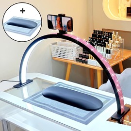 FFKJDM Half Moon Light for Nail Desk - 29-inch LED Nail Tech Lamp with Hands Pillow, Phone Holder，Dimmable Arch Design,48W Portable Manicure Light for Salon and Home Use（Black-Pink Diamond）