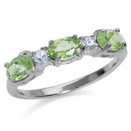 Silvershake 3 Stone White Gold Plated 925 Sterling Silver Ring, 925 String Silver, natural green peridot & white topaz
