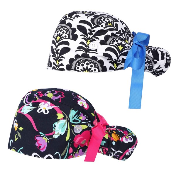 Fassave 2Pcs Working Cap with Buttons and Ribbon Tie, Adjustable