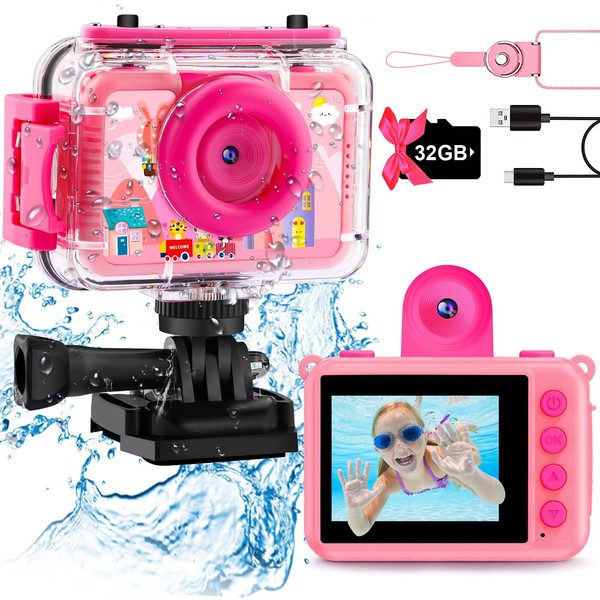 Kids Waterproof Camera,GKTZ Kids Camera for Girls - Childrens Underwater Camera Digital Camera,180 Rotatable 1080P HD Selfie Camera,Birthday Gift Toys for Kids Age 3-12 Years Old Girls