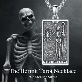 PELOVNY Skeleton Necklace 925 Sterling Silver Tarot Pendant The Hermit Tarot Card Necklace Skeleton Jewelry Christmas Birthday Gifts for Women Men Unisex