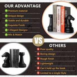 ROOKMATE Chess Book Ends for Shelves – Elegant Decorative Bookends for Heavy Books, Office & Living Room Decor – Modern Shelf Organizer and Gift for Book Lovers (Matte Black, Arabian Mate)