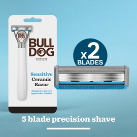 Bulldog Skincare for Men - Sensitive Ceramic Razor | Sustainable Shave | 5 tempered Steel Blades | Smooth, comfortable shave | Lube Strip with Baobab | Ceramic Handle | Precise Trimming |