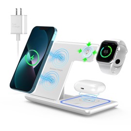 Pantio Cargador Inalámbrico, 3 En 1 Estacion de Carga 15W Carga Rápida, Base Cargador Magnético Plegable Compatible para Phone 15/14/13/12/11/X/8, Galaxy Mate Series, Audífono 2/3/Pro, Watch(Blanco)