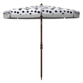 SAFAVIEH 6.5ft Outdoor Patio Umbrella, Round, Sydney Collection, White & Navy, Polka Dot Print, Fringe Trim, Button Tilt, UV Resistant for Deck, Backyard, Poolside