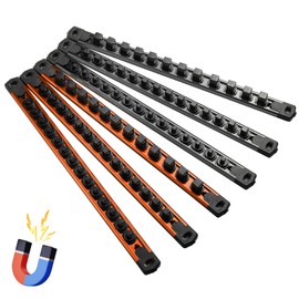 Reniteco Magnetic Socket Organizer, 6-Piece Heavty Duty Aluminum Socket Holder, Socket Rail for Tool Box, Premium Quality 360° Swivel Socket Rack Kit with 80 Clips for 1/2, 3/8, 1/4-Inch(Black&Orange)